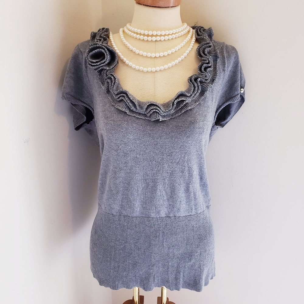 Cache Vintage Gray Rosette Lightweight Sweater - image 1